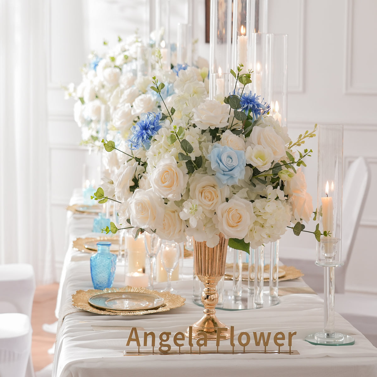 Fake blue white rose table bouquet for wedding banquet
