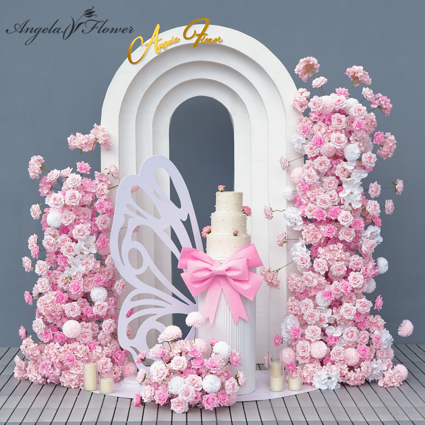 A8961 Pink Rose Hydrangea Floral Row KT Board Backdrop Wedding