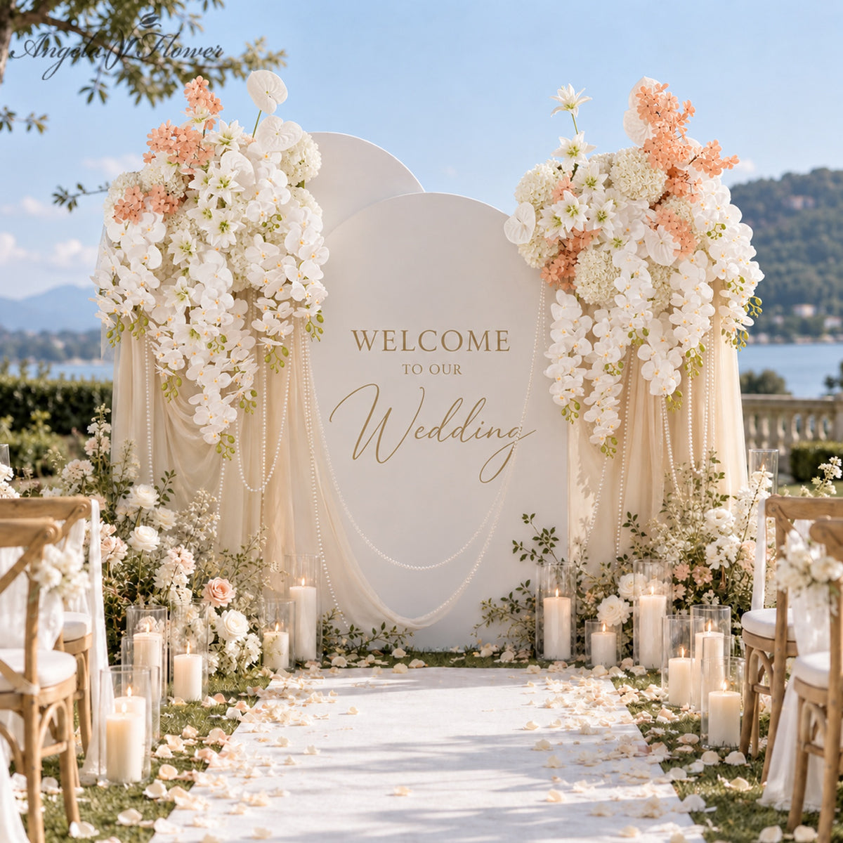 Elegant trailing floral swag for wedding backdrop corners