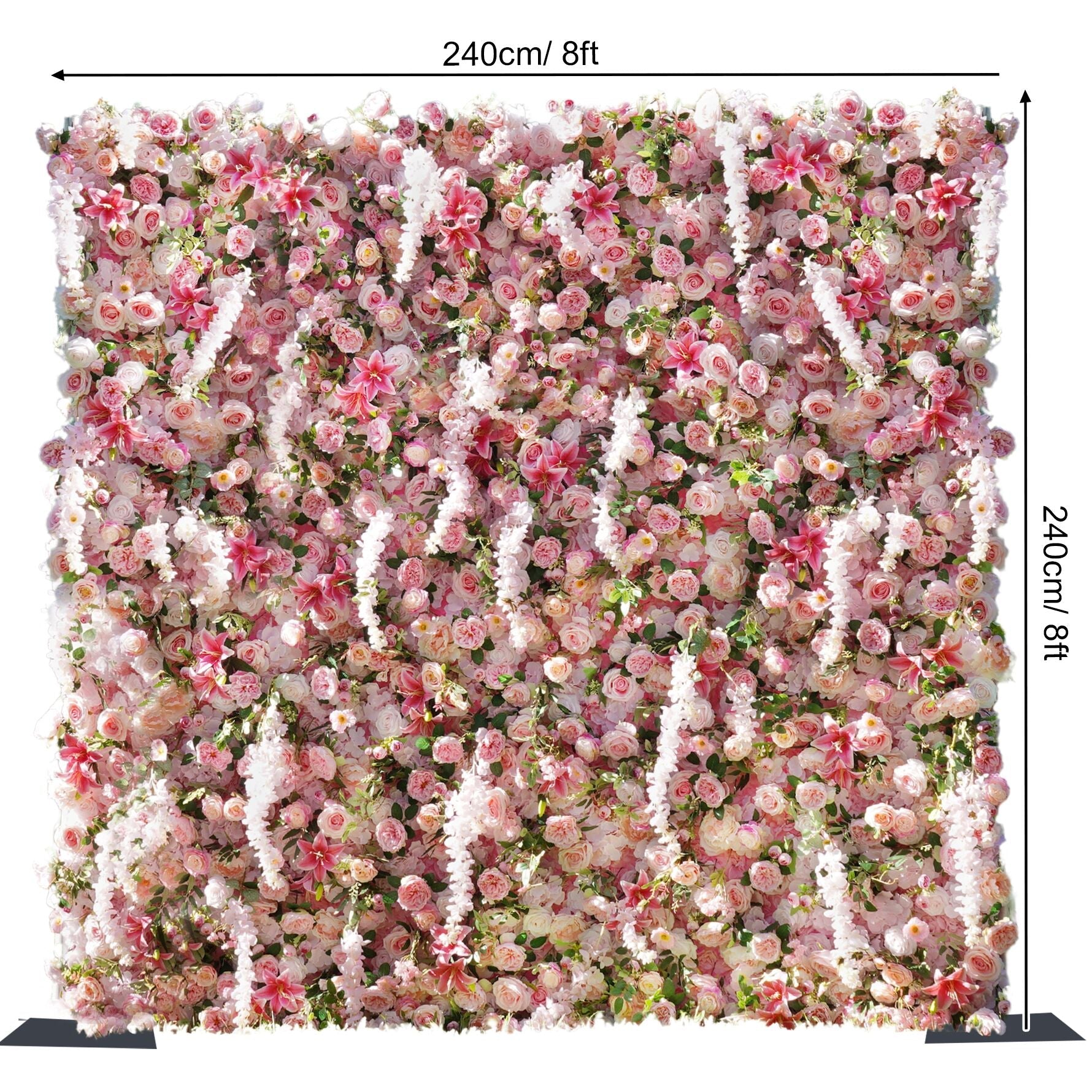 Pink artificial flower wall backdrop mixed with roses and wisteria blooms for outdoor wedding ceremony