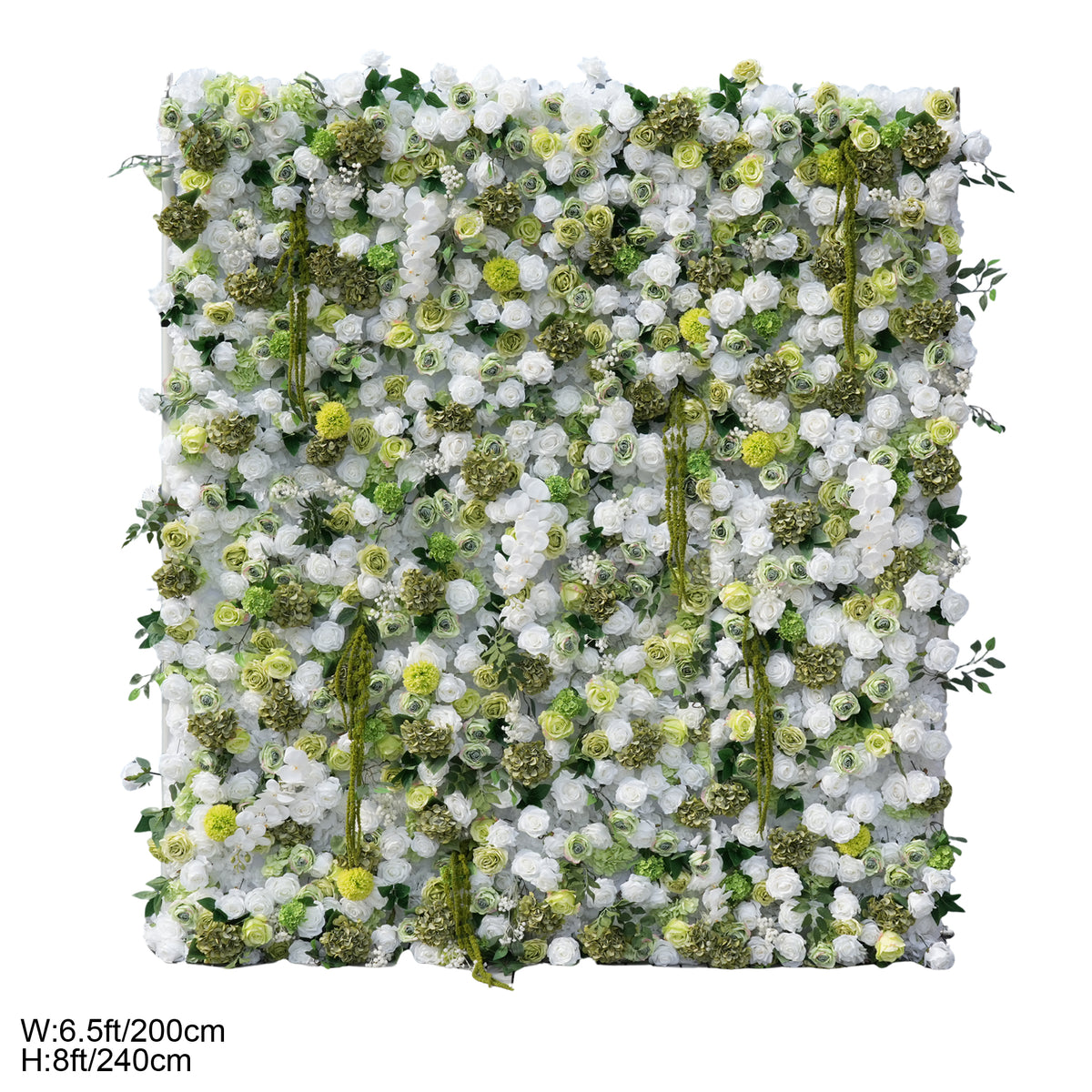 Event photoshoot faux flower wall, dense white silk rose with varied greenery panel for wedding background