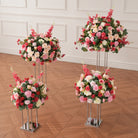Mixed bloom artificial wedding centerpiece, blush fuchsia roses with greenery for reception table styling