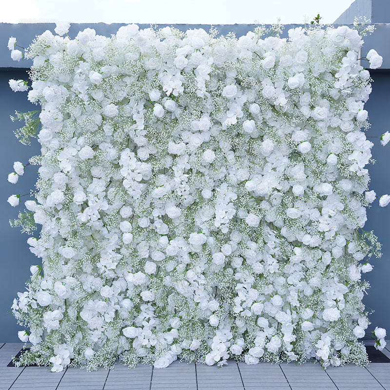 Portable fabric-backed white floral backdrop for bridal showers, and photoshoots