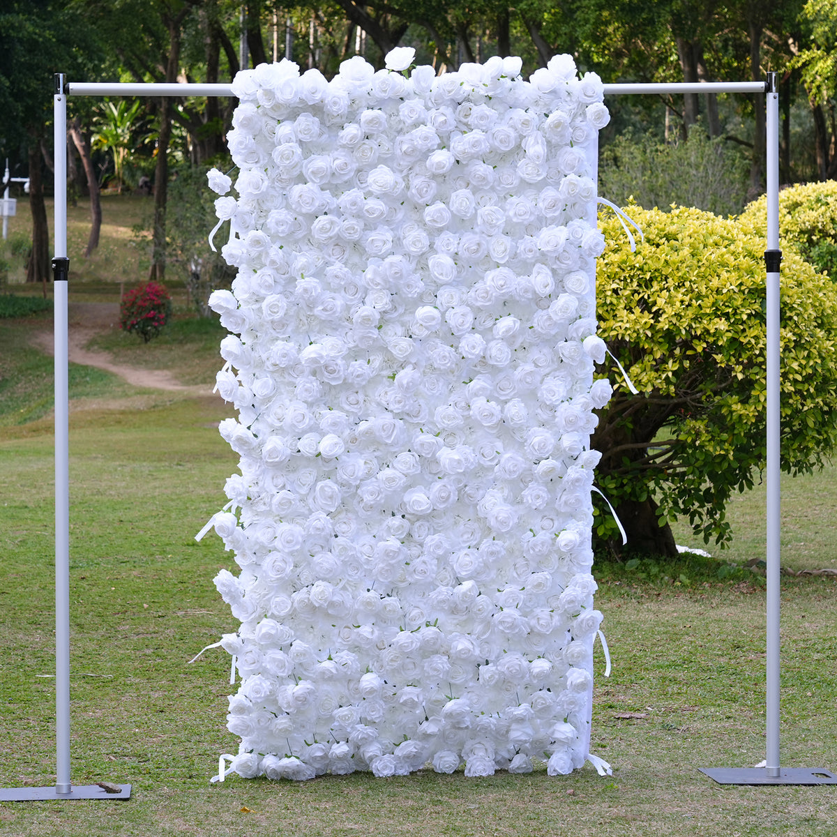 Full dense faux silk rose floral wall for ceremony and reception decor