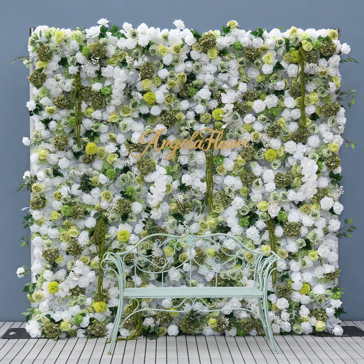 Wedding photobooth artificial flower wall, dense white ivory fake roses and green foliage event background decor
