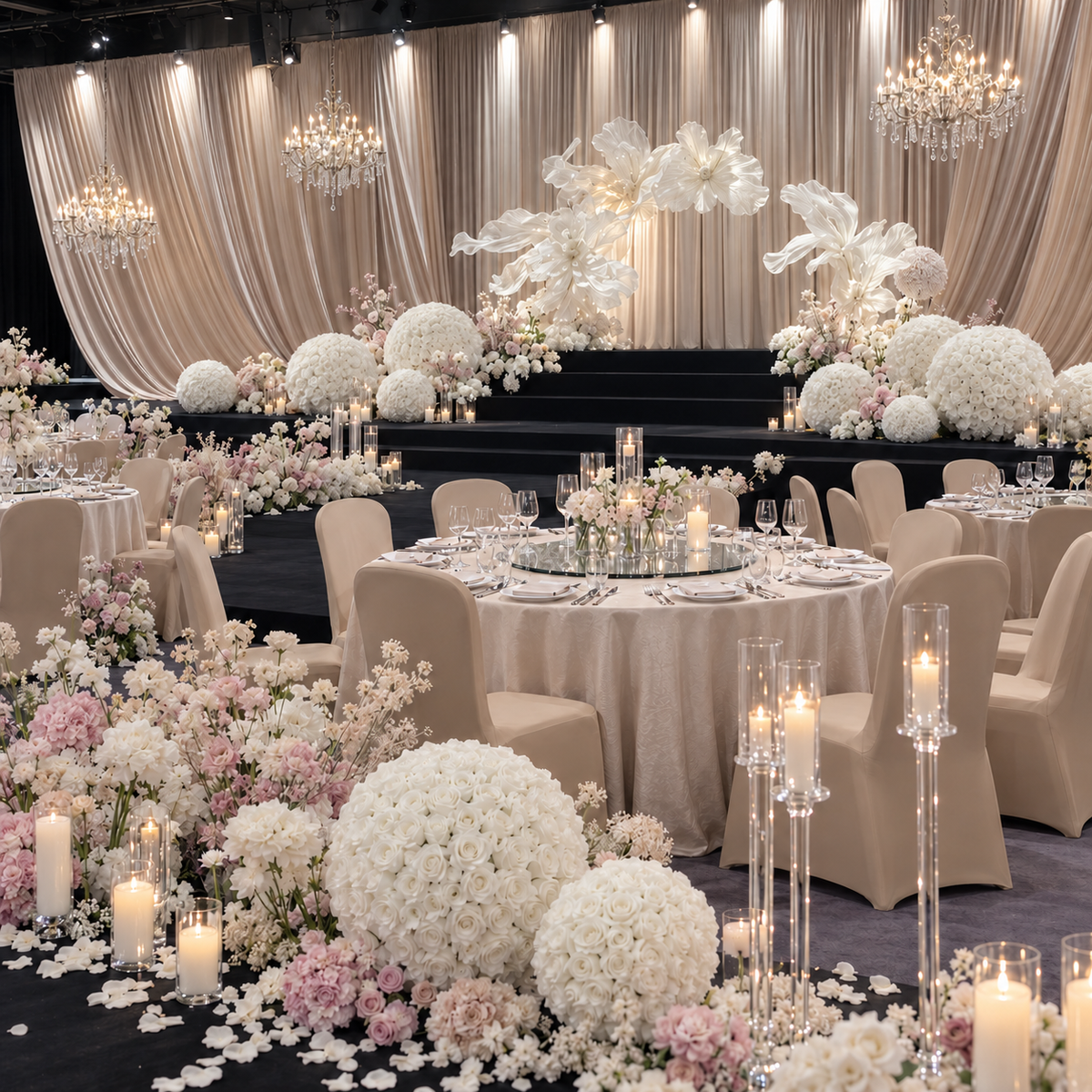 Wedding stage decor with assorted artificial rose spheres