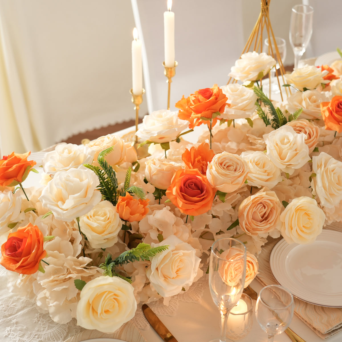 rose table arrangement set for fall wedding reception