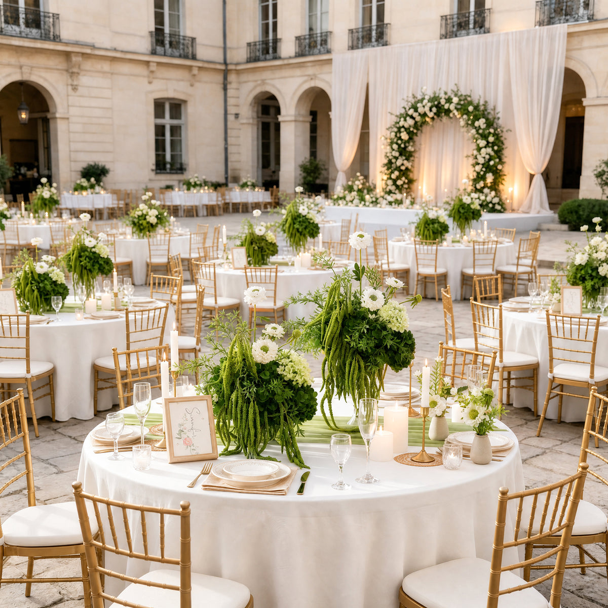 boho‑green‑silk‑flower‑centerpiece‑white‑wedding‑table‑setting‑scene