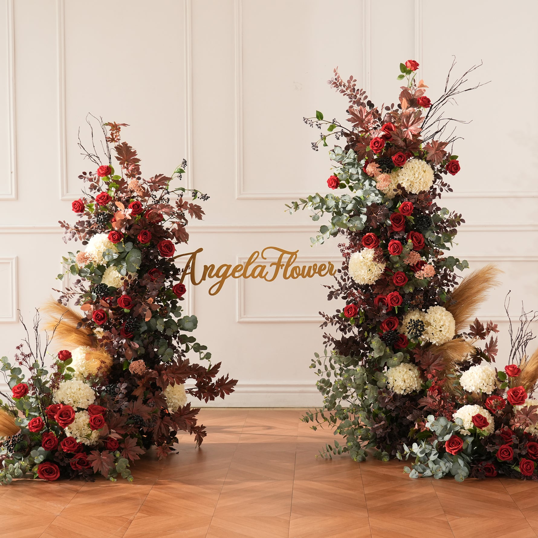 Fall‑theme bridal shoot prop KT panel pre‑matched with burgundy and terracotta artificial florals