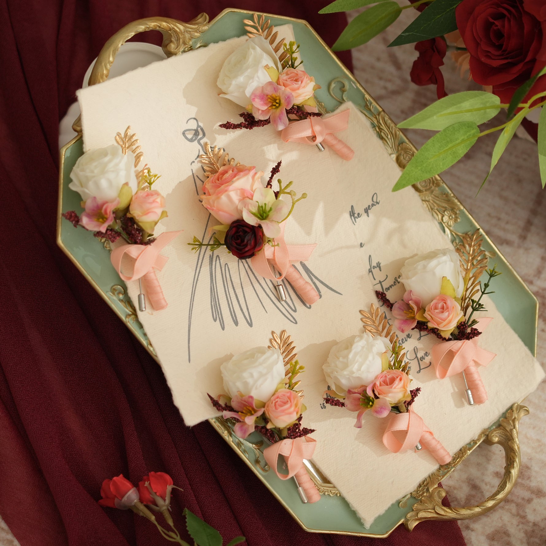 6pcs/set Artificial Pink Rose Boutonniere Set For Groomsman