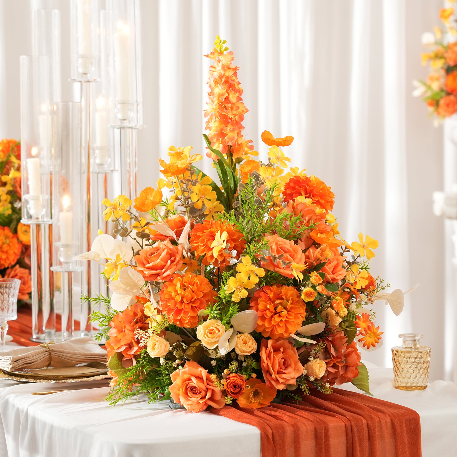 orange-rose-greenery-centerpiece