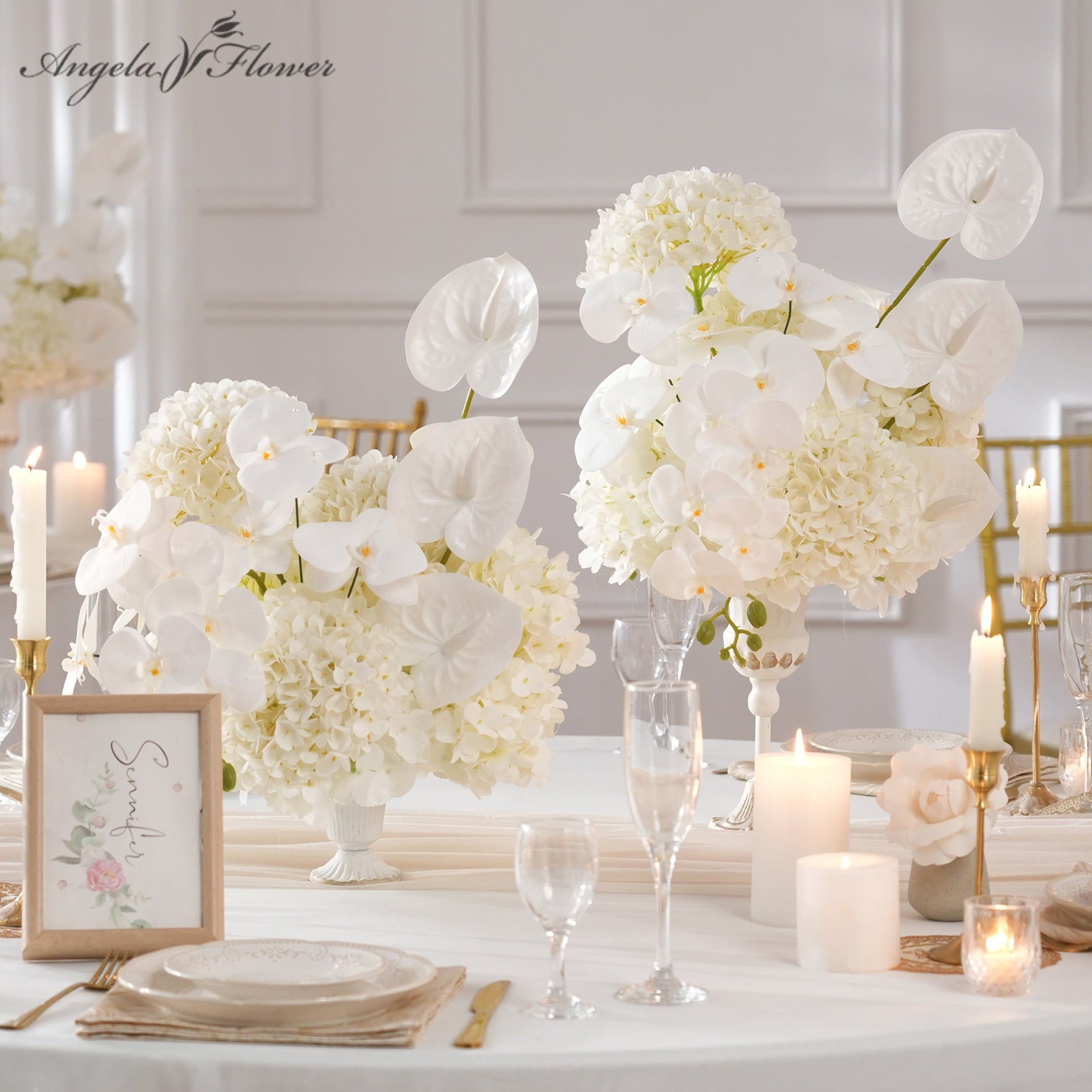 pure‑white‑artificial‑wedding‑table‑centerpiece‑orchid‑anthurium‑hydrangea‑arrangement
