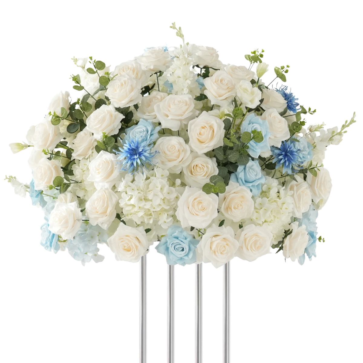 White and blue silk flower centerpiece for wedding long table setting