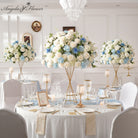 White and blue artificial wedding table centerpiece for long banquet table