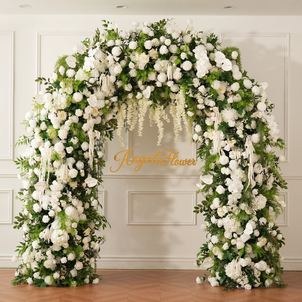 Side view of full white and green artificial wedding arch flowers
