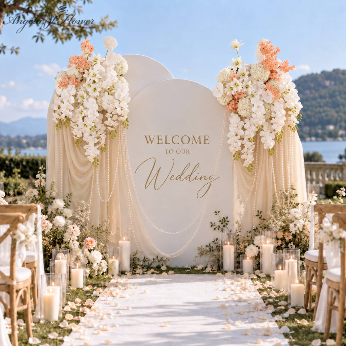 Elegant trailing floral swag for wedding backdrop corners