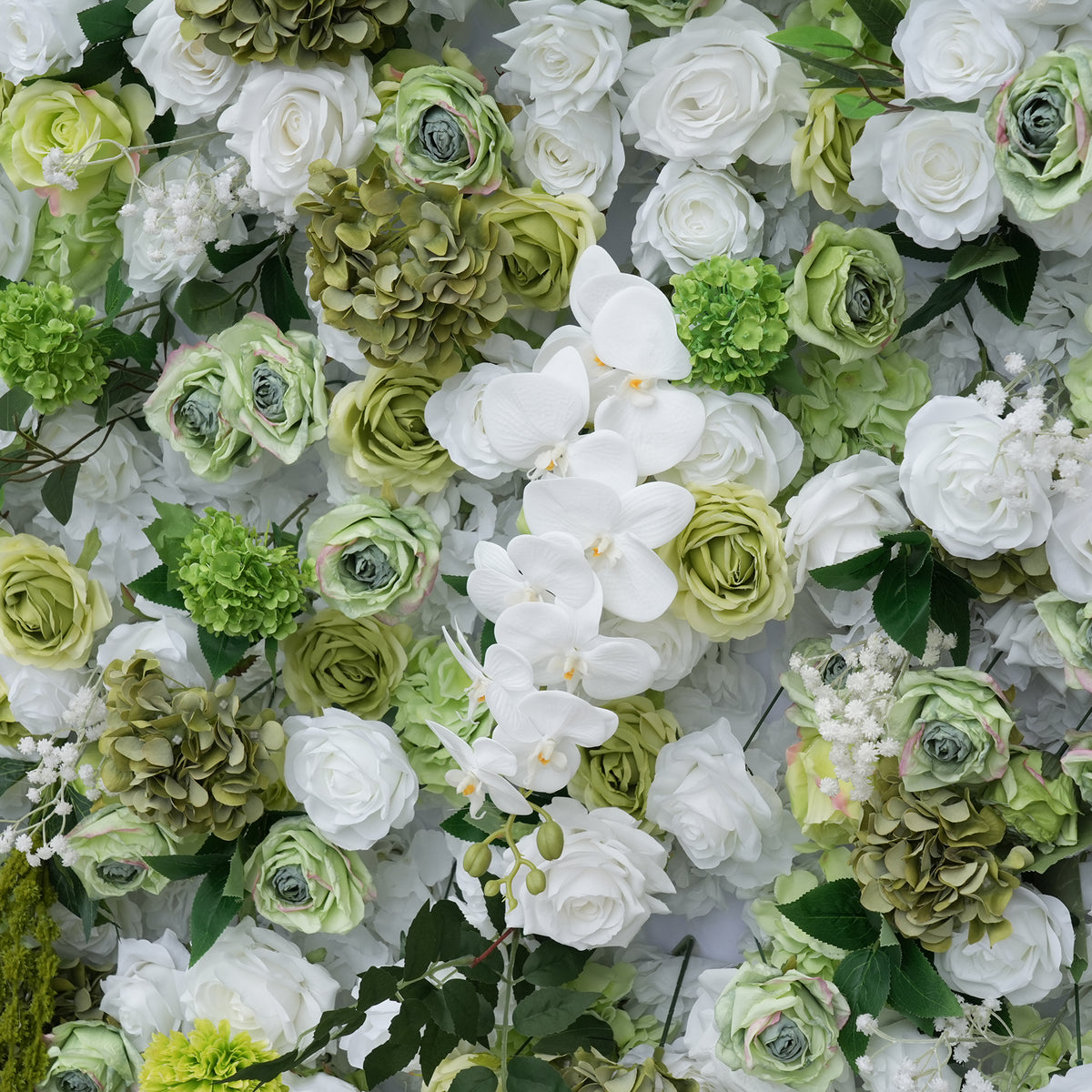 Luxury full‑coverage silk flower wall, cream white roses with assorted greenery for wedding ceremony photo backdrop