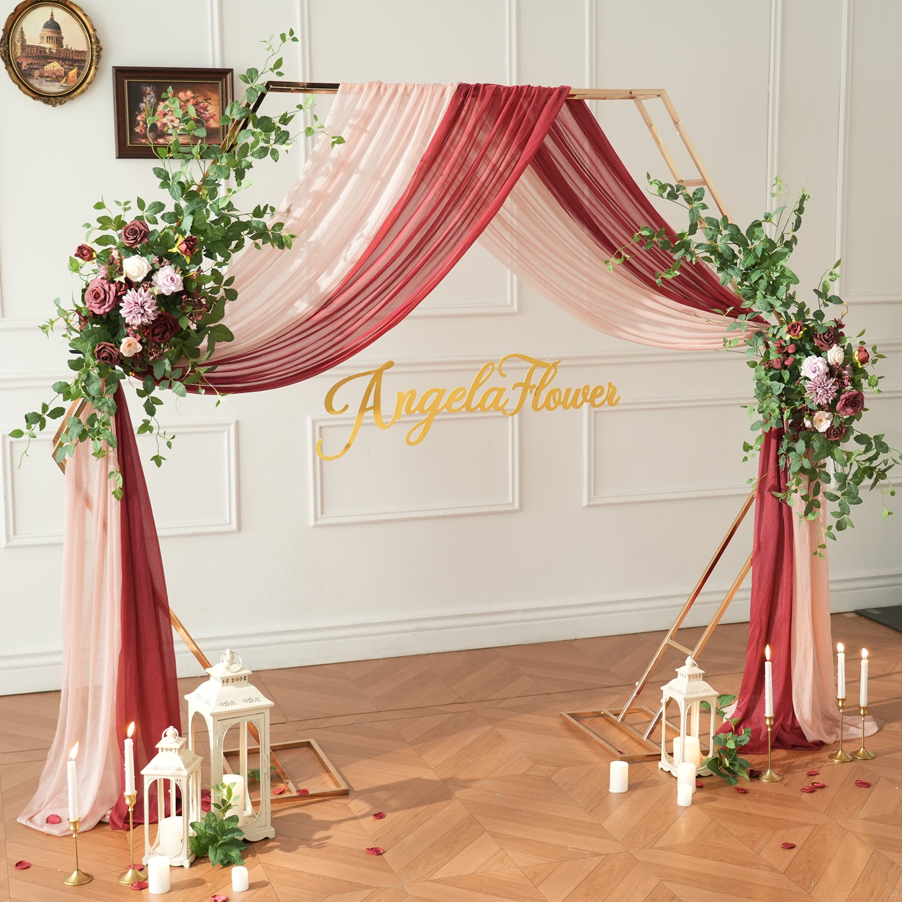 Dark red rose greenery swag wedding photo backdrop
