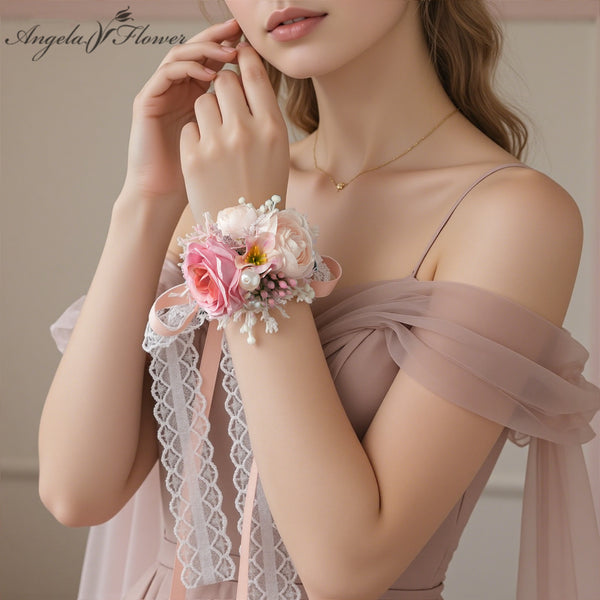A9003 2pcs/set Artificial Bean Paste Pink Corsage Wrist Flower Wedding Event Party Props