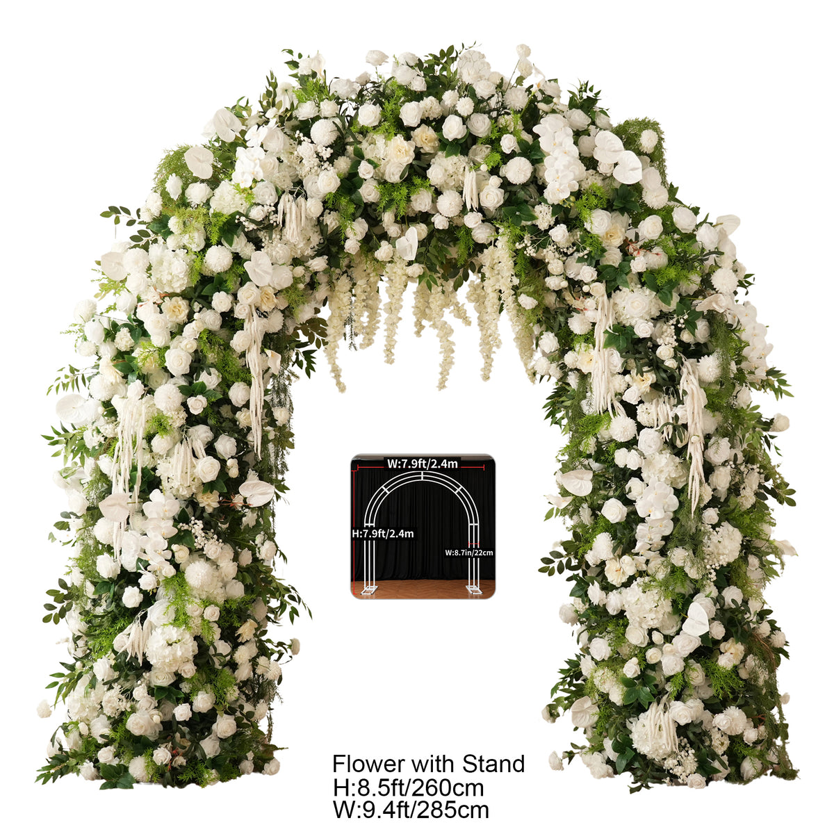 Lush greenery filler mixed with white roses for full flower arch