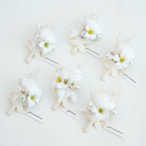 A8995 6pcs/set White Rose Pearl Corsage Wedding Artificial Boutonniere Set for Men