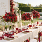 Rich wine‑red faux floral arrangement for metal tall stand, cascading greenery dark red rose wedding banquet table decor