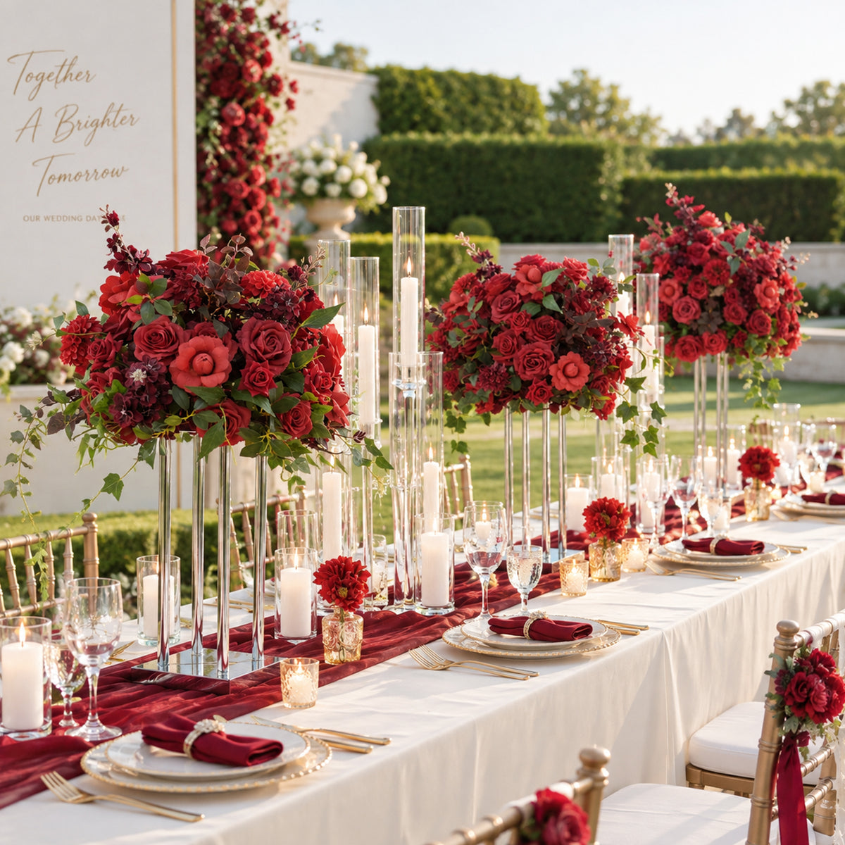 Rich wine‑red faux floral arrangement for metal tall stand, cascading greenery dark red rose wedding banquet table decor