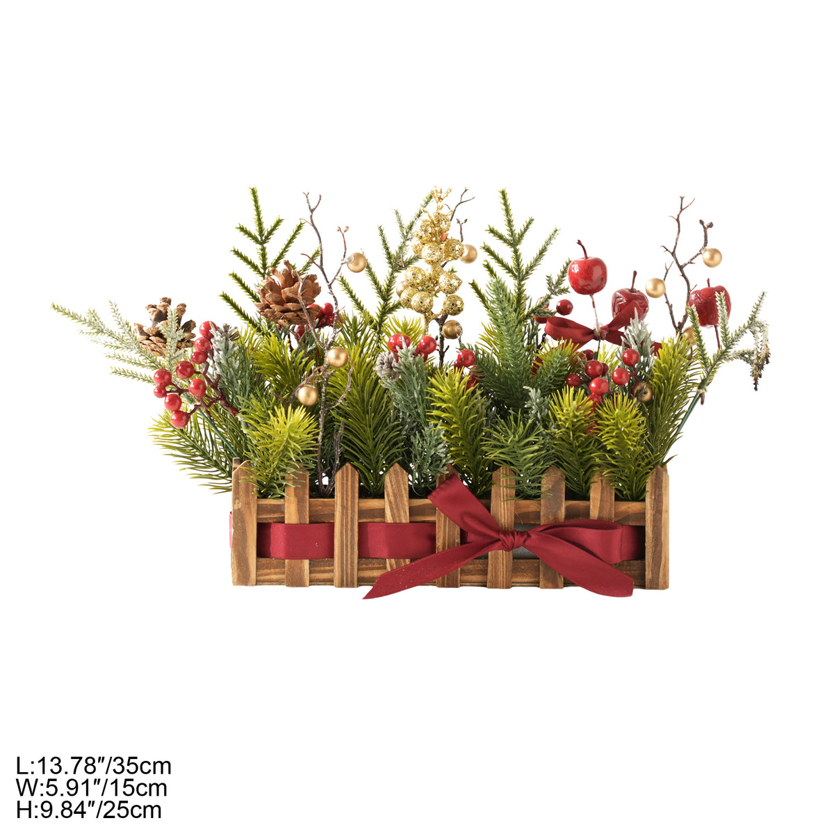 Christmas reception table centerpiece with faux pine, frosted foliage and red berry clusters