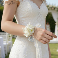 A8995 2pcs/set Artificial White Rose Corsage Wrist Flower Bridal Wedding Ceremony Decoration