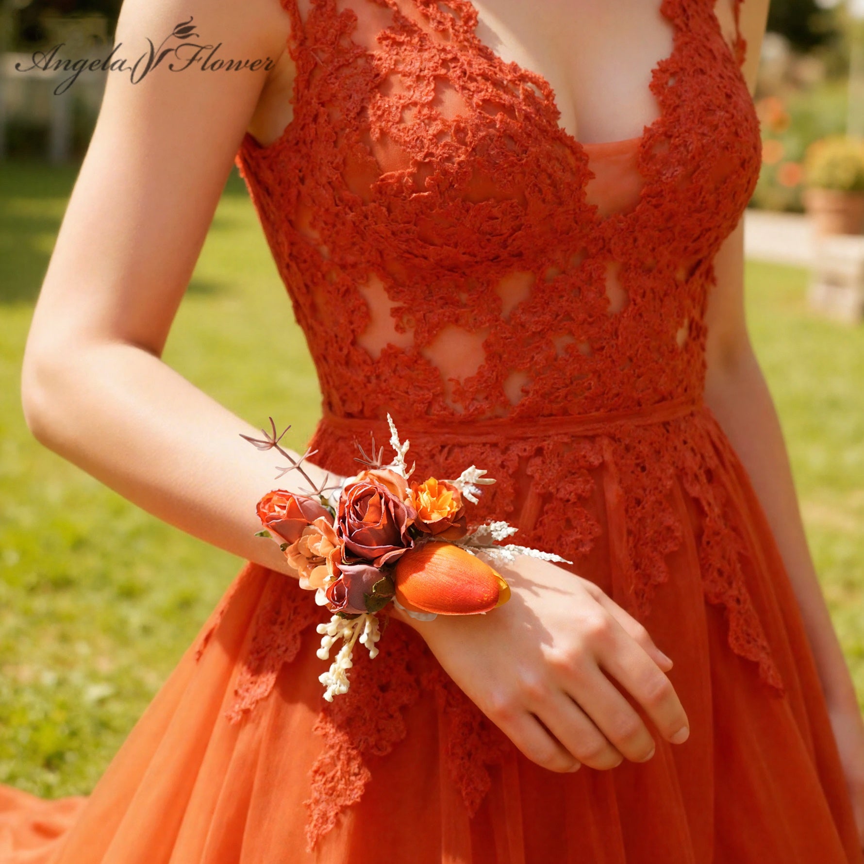 A9057 2pcs/set Artificial Coffee Rose Orange Tulip Wrist Flower