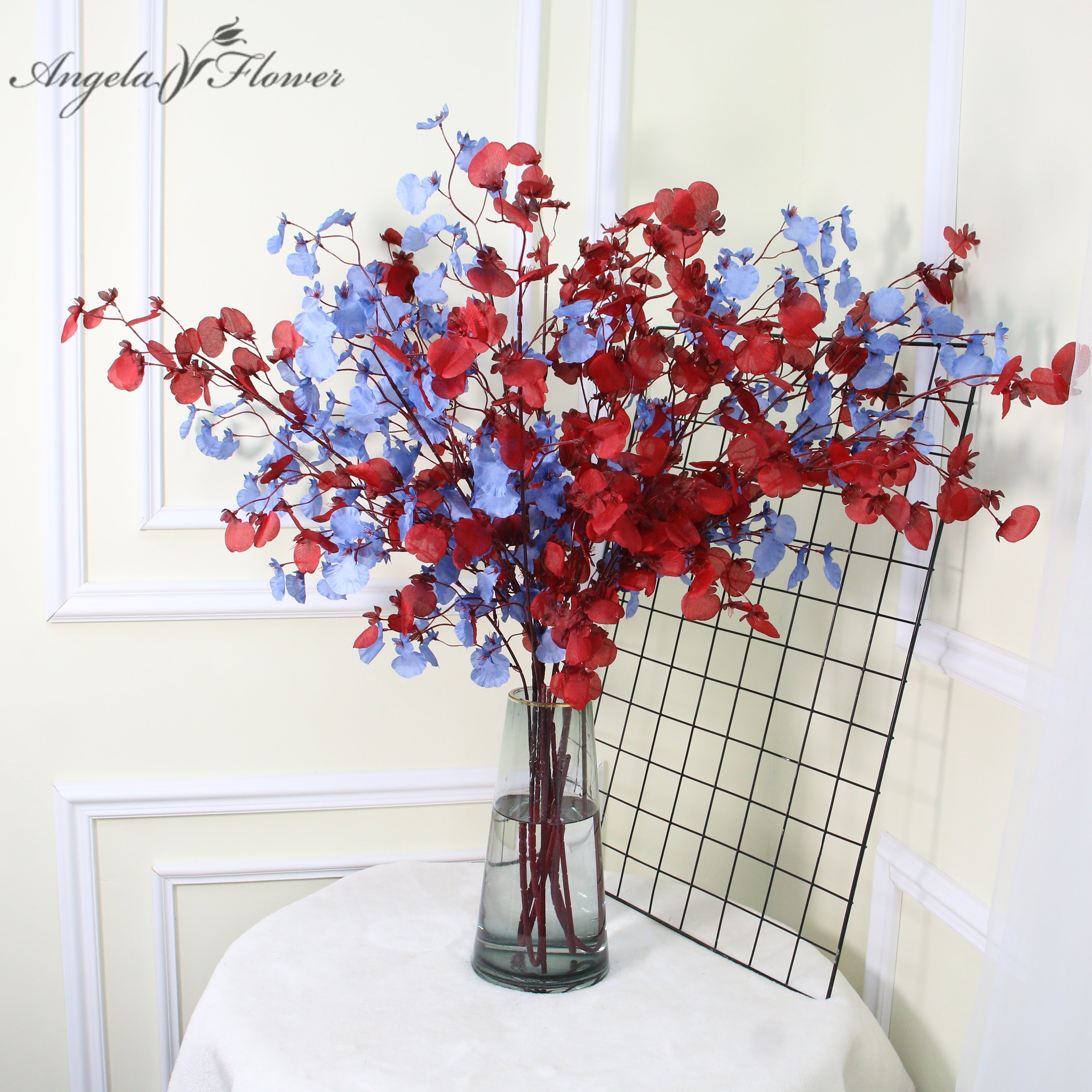 red‑blue‑artificial‑orchid‑branches‑glass‑vase‑display