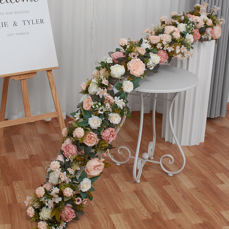 long floral trailing garland made of silk peonies and roses, easy transport for wedding and event styling